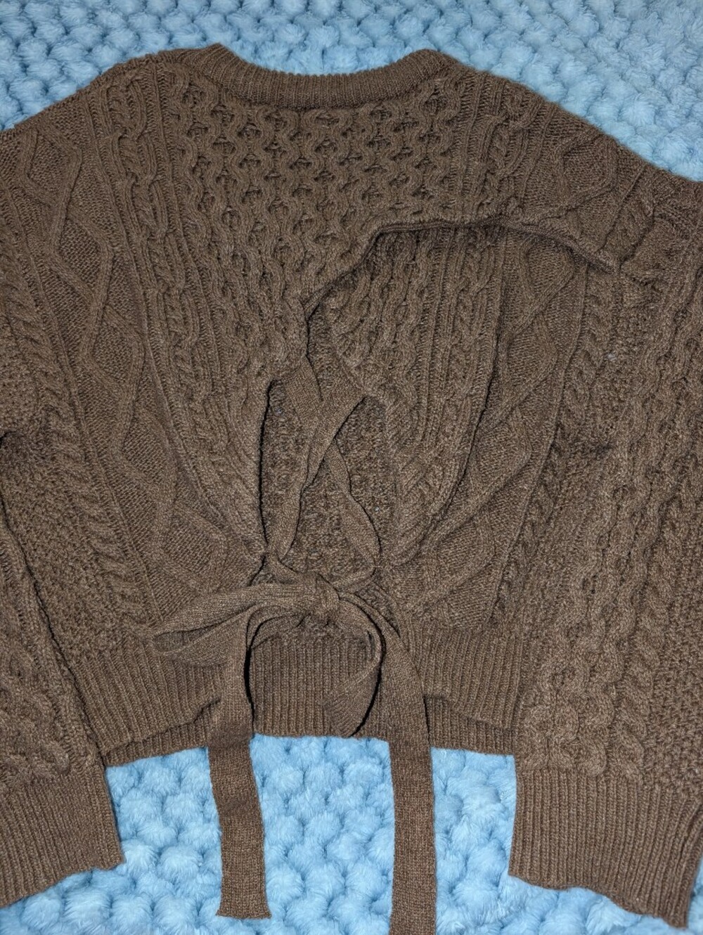 Beige Botany Brown Cable Knit Open Back Tie Sweater S/M